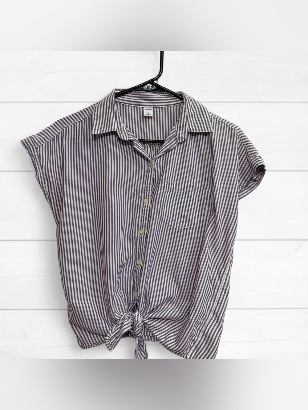 Old Navy Purple and White Striped Short Sleeve Tie-Front Shirt